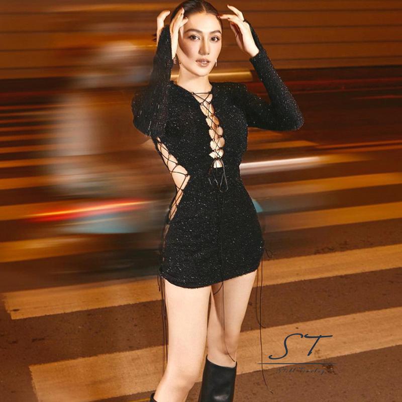 Đầm Ôm Dáng Tay Dài Khoét Lỗ CY03 Dành Cho Nữ Dự Tiệc Cocktail