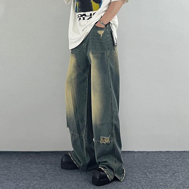 Quần Jean Ống Rộng Xẻ Tà Màu Gradient Phong Cách Đường Phố Mỹ Kiểu Mới Cho Nam Và Nữ