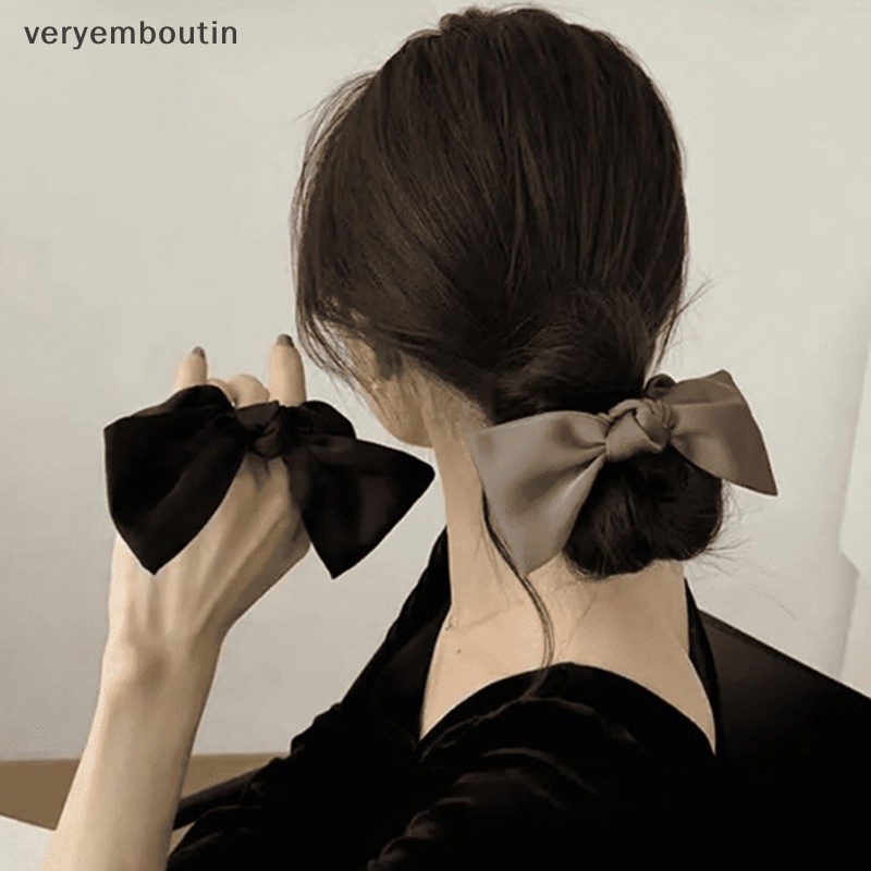 Băng Đô Cài Tóc Co Giãn Màu Trơn Đính Nơ Đen Thời Trang Cho Nữ