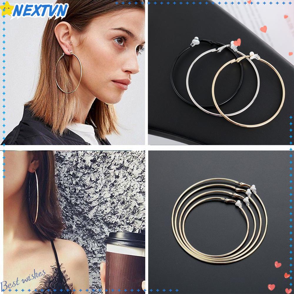 1 Đôi Bông Tai Tròn Thời Trang Dành Cho Nữ|Khuyên Xỏ Màu Đen Không Xỏ Lỗ