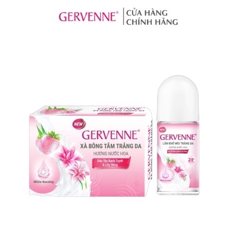 Lăn khử mùi trắng da Gervenne 50ml + Xà bông tắm Gervenne 90g hương Dâu Tây Bạch Tuyết & Lily Hồng