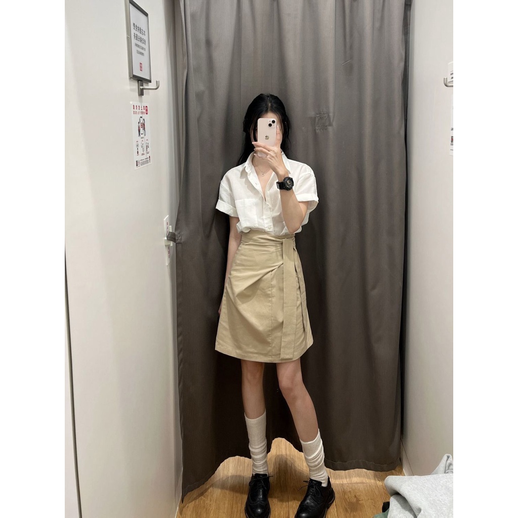 Set Áo Sơ Mi polo + Chân Váy Kaki Chữ A Phong Cách Retro Dành Cho Nữ