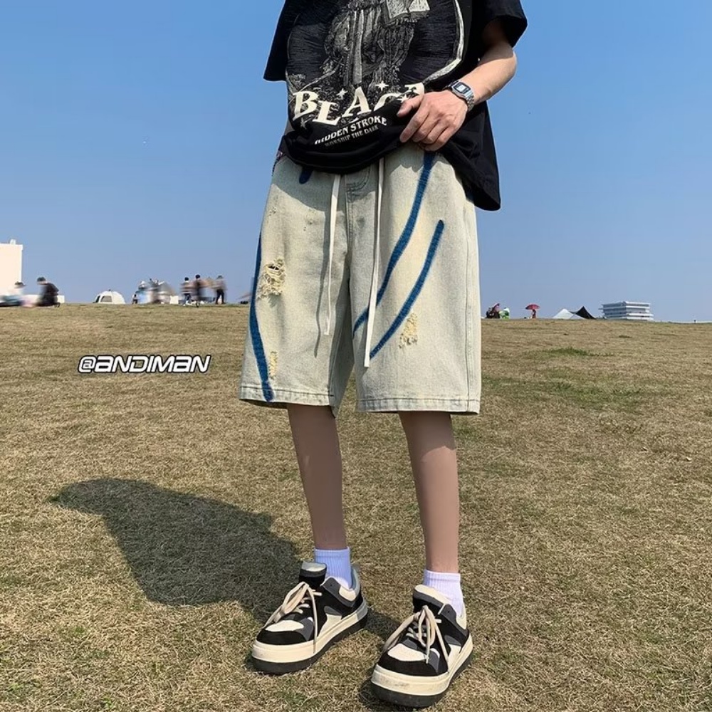 Quần Short Denim Dáng Rộng In Họa Tiết Phong Cách Đường Phố Thời Trang Mùa Hè Cho Nam