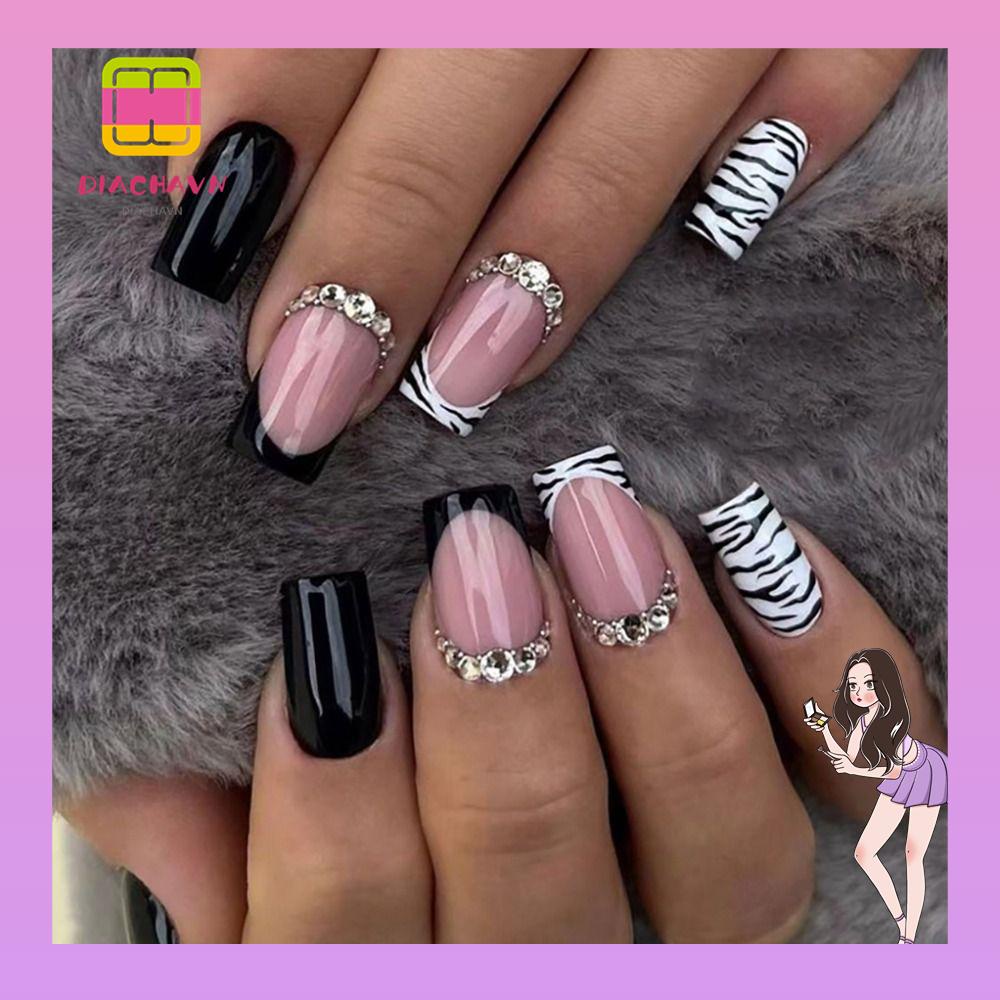 Móng Tay Giả Dạng Nhấn Che Phủ Toàn Diện Họa Tiết Kẻ Sọc Đen Sáng Bóng Phong Cách Pháp