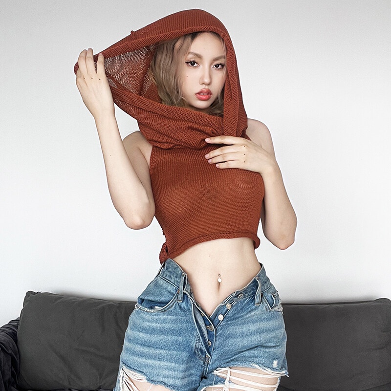 Weird Puss Áo Dệt Kim Sát Nách Có Nón Thiết Kế Khoét Rỗng Phong Cách Vintage Mùa Hè Cho Nữ