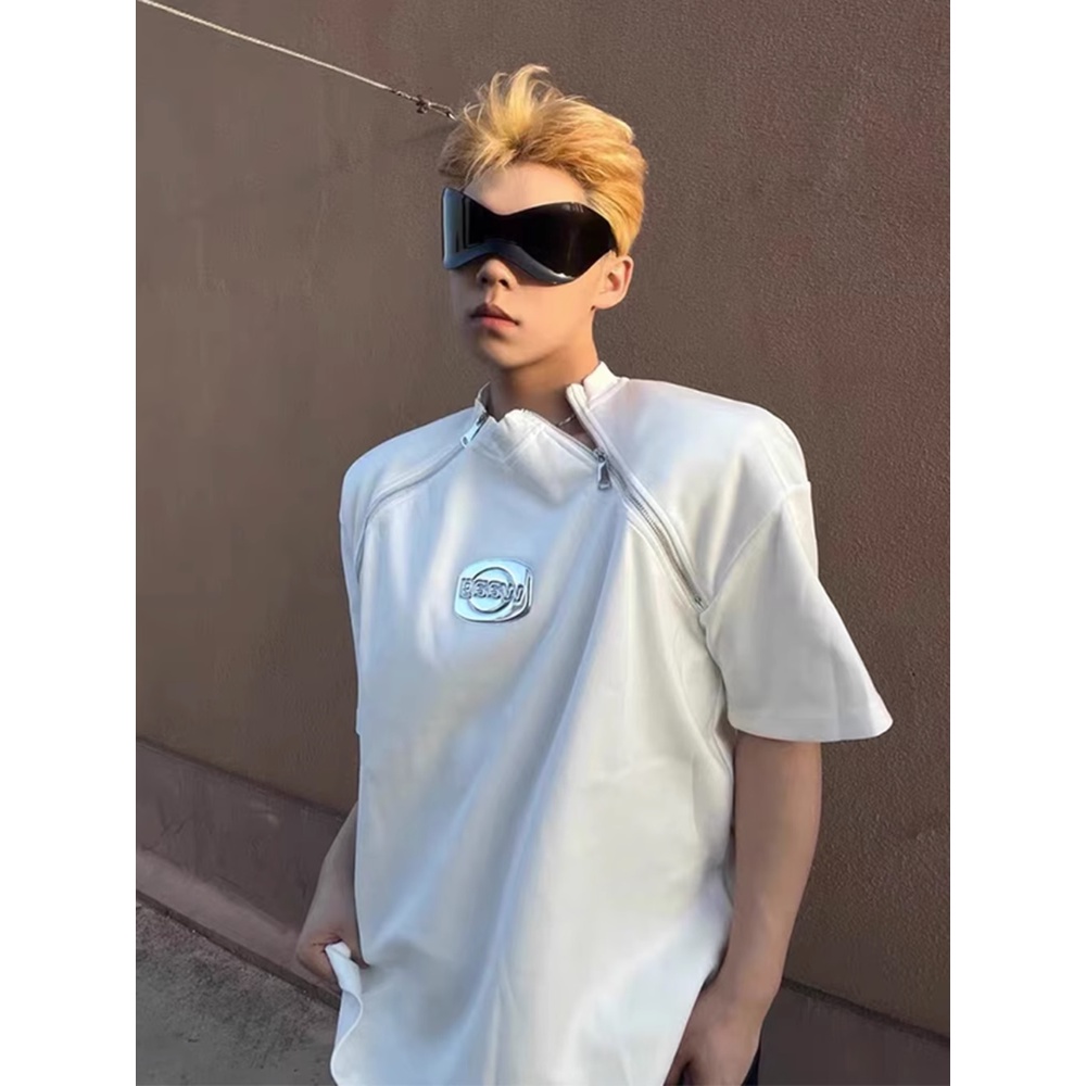 Áo Thun Ngắn Tay Cao Cấp Thiết Kế Khóa Kéo Đôi Phong Cách Hip Hop Đường Phố Mỹ Mùa Hè