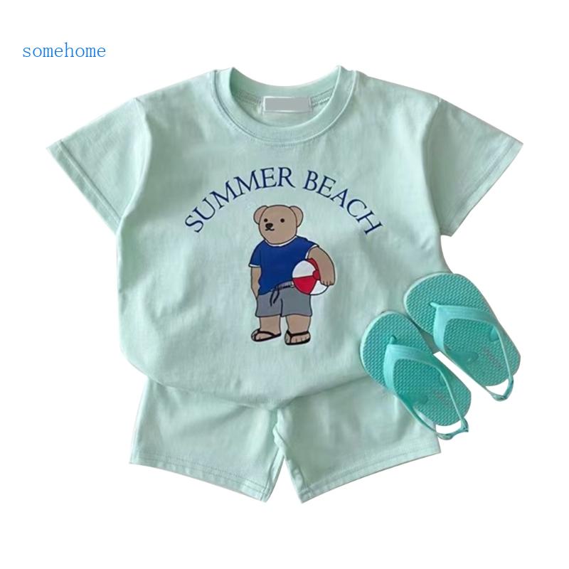 Set Đồ Mùa Hè 2 Món Gồm Áo Thun Tay Cộc In Họa Tiết Gấu + Quần Ngắn Cho Bé
