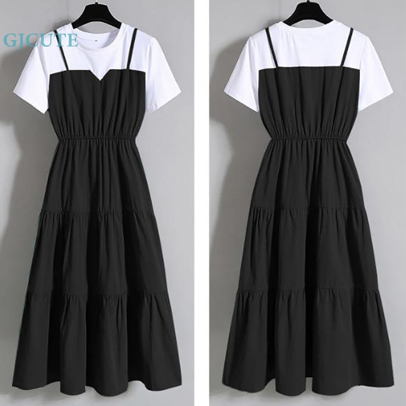 Đầm Midi Giả Hai Lớp Tay Ngắn Cỡ Lớn Thời Trang Mùa Hè Cho Nữ