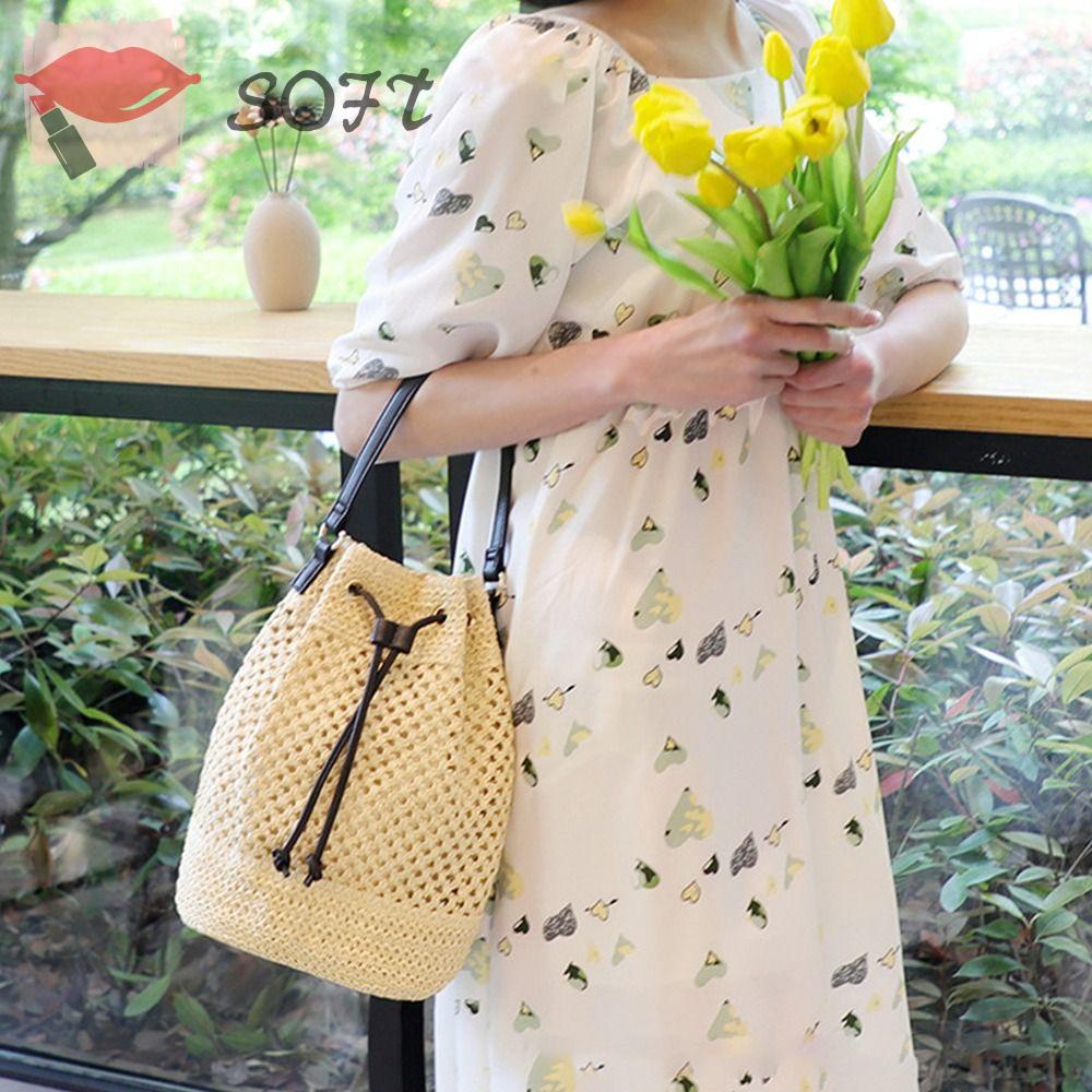 SOFTNESS Túi Cói Dây Rút Cỡ Lớn Phong Cách Boho Xinh Xắn