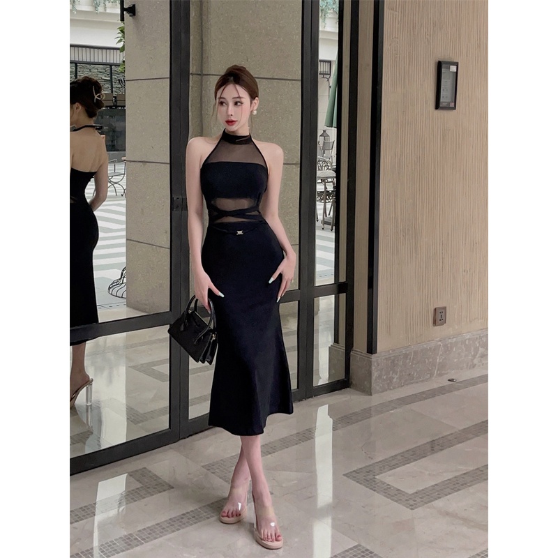 Đầm Đuôi Cá Sát Nách Dáng Dài Màu Đen Quyến Rũ Cho Nữ