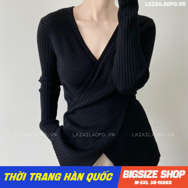 Áo len nữ kiểu Bigsize Áo dệt kim tăm nữ dáng ôm tay dài cổ chữ v đen mùa thu Phong cách Hàn Quốc Thời Trang cá tính xinh đẹp cho người mập béo nữ