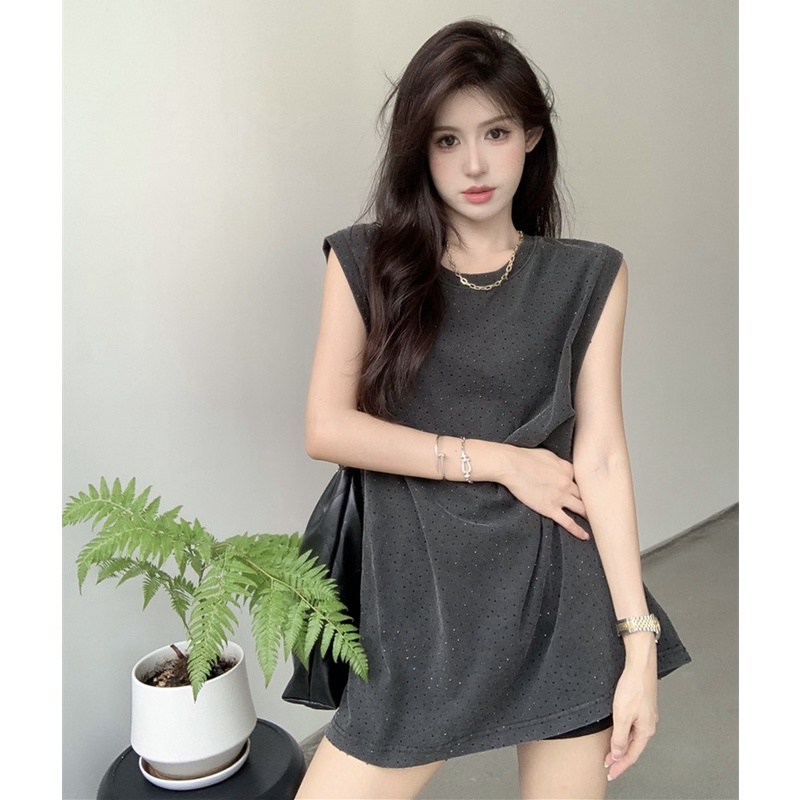 Áo Thun Sát Nách Cổ Tròn Dáng Rộng Đính Đá Toàn Diện Hợp Thời Trang Hè