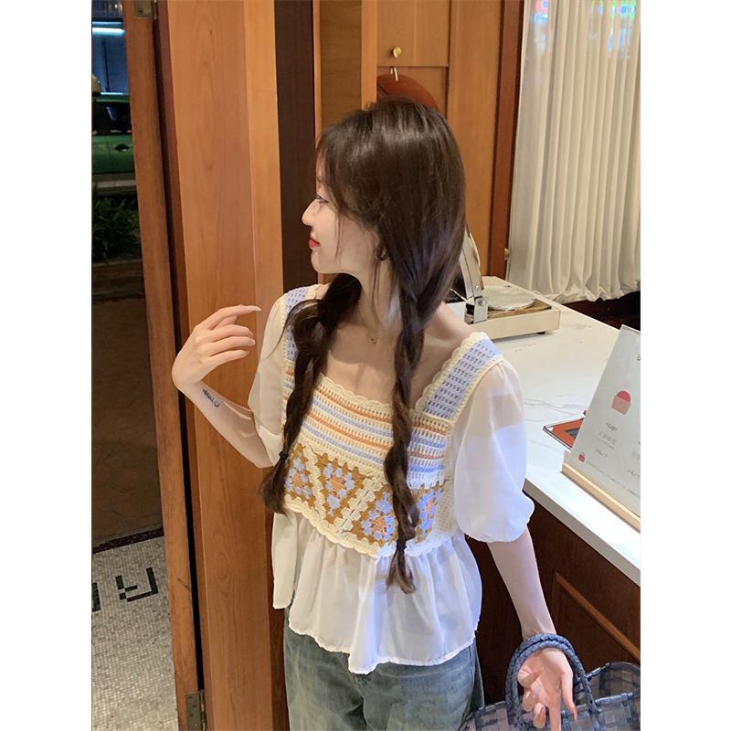 Áo Chiffon Cổ Vuông Tay Ngắn Phối Màu Tương Phản Thời Trang Mùa Hè Cho Nữ