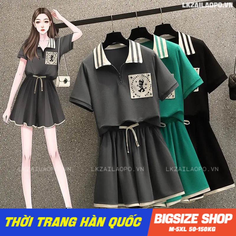 Set bộ đồ nữ thể thao Bigsize Áo thun polo tay ngắn kèm quần đùi ống rộng suông mùa hè Phong cách Thời Trang Hàn Quốc đẹp