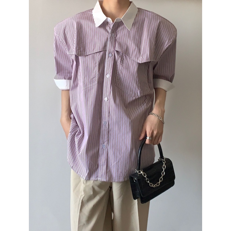Áo Sơ Mi Tay Lửng Dáng Rộng Họa Tiết Kẻ Sọc Phong Cách Retro Nhật Bản Dành Cho Nam