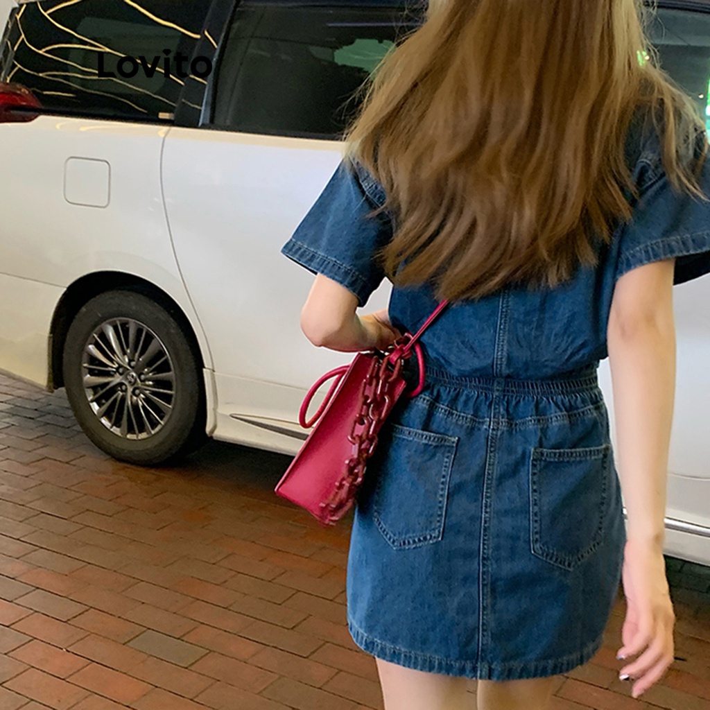 Lovito Đầm denim thô có túi màu trơn giản dị dành cho nữ LNA09006 (Màu xanh da trời)