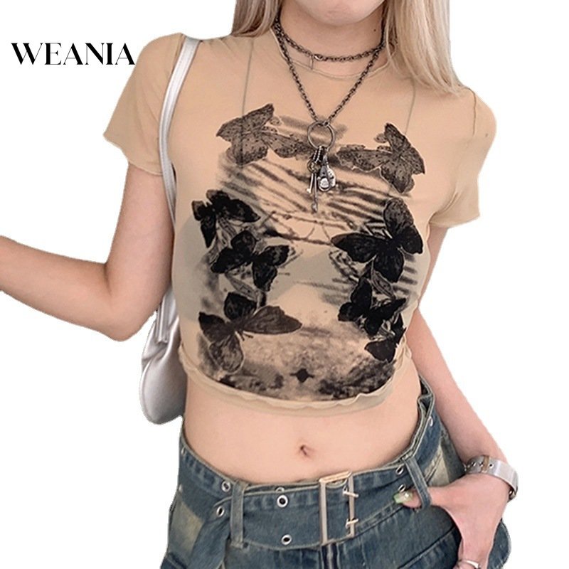 Áo Lưới Tay Ngắn Xuyên Thấu In Họa Tiết Bươm Bướm Cho Nữ