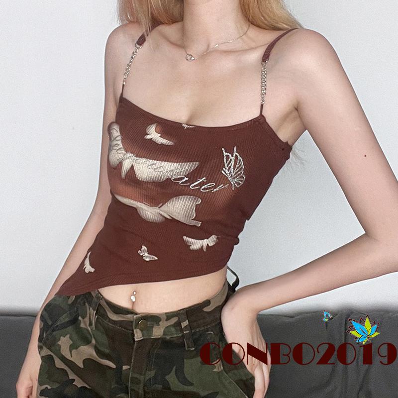Áo Croptop Hai Dây Không Tay In Họa Tiết Bướm Thời Trang Mùa Hè Dành Cho Nữ