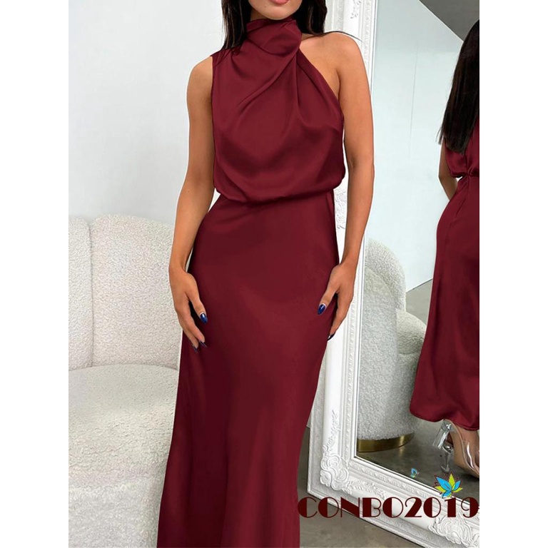 Đầm Dài Không Tay Cổ Lọ Chất Liệu Satin Màu Trơn Thanh Lịch Cho Nữ