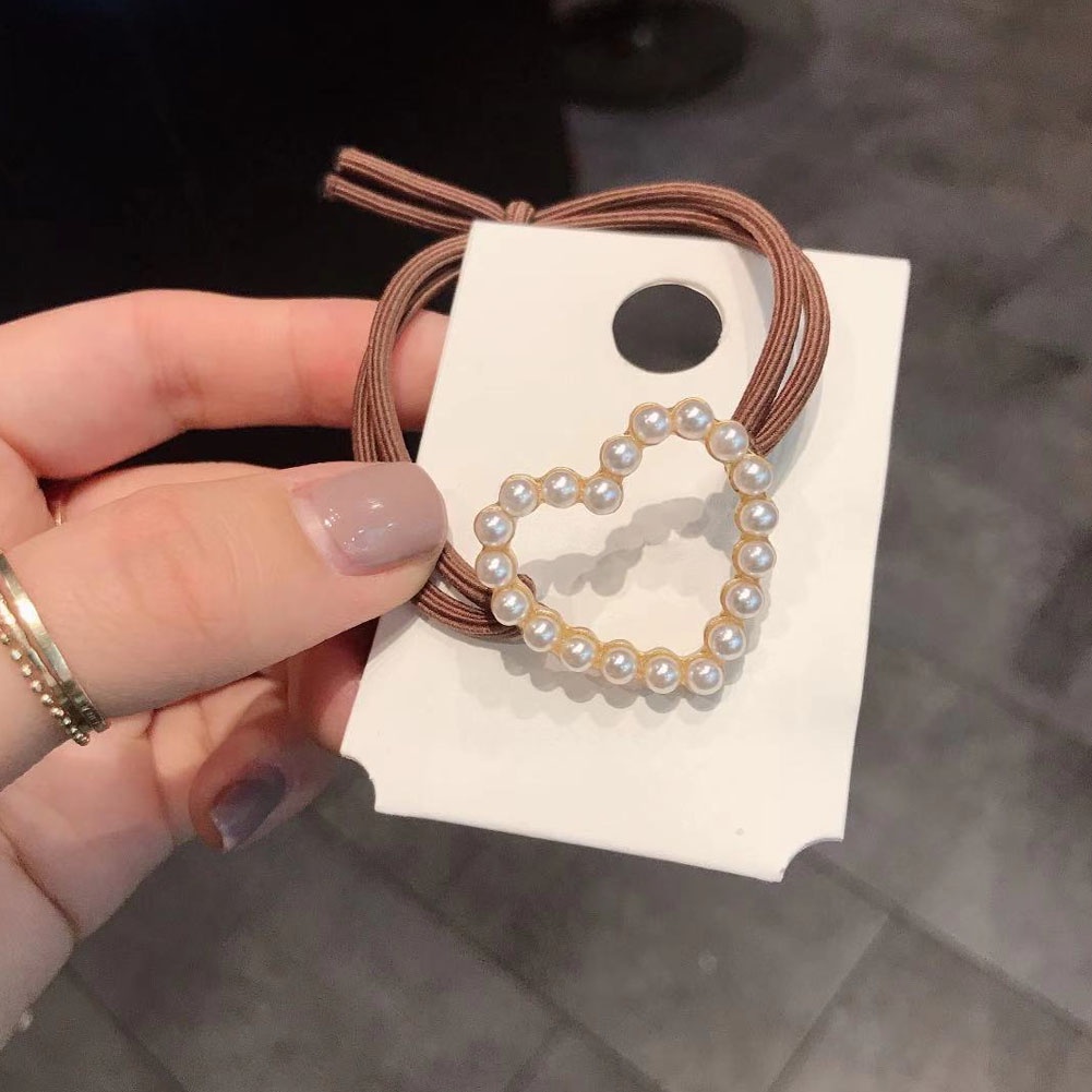 1 Dây Buộc Tóc Da Đính Ngọc Trai Hình Trái Tim Phong Cách Retro Pháp