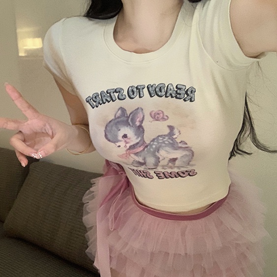 Áo Baby Tee Thun Croptop Nữ Tay Ngắn Hở Rốn Ôm Dáng In Hình Hươu Phong Cách Mới Mùa Hè Cho Nữ