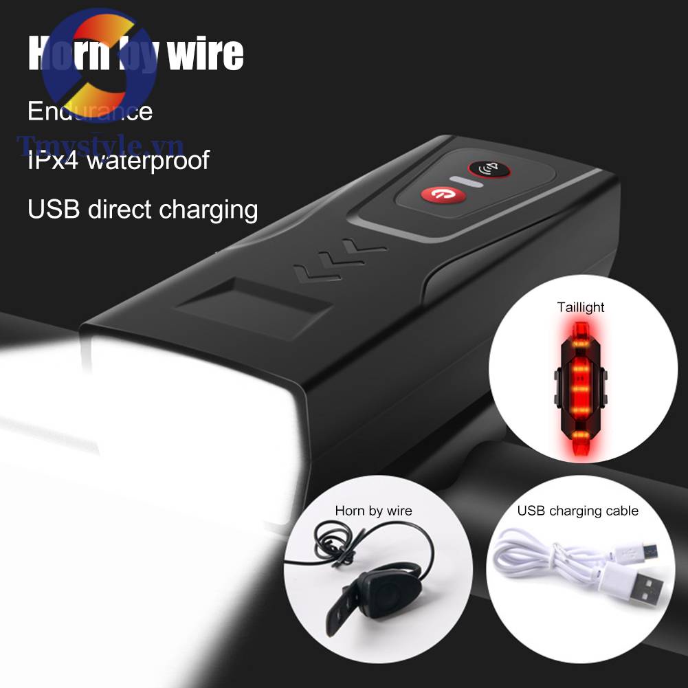 Đèn Pha LED XPE Sạc USB Kèm Còi + Đèn Đuôi Xe Đạp