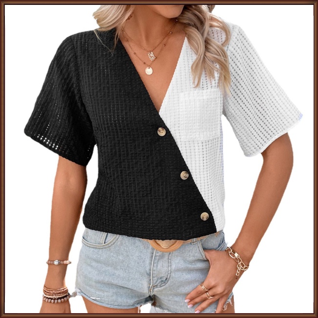 Áo Dệt Kim Tay Ngắn Cổ Chữ V Màu Sắc Tương Phản Thời Trang Cho Nữ
