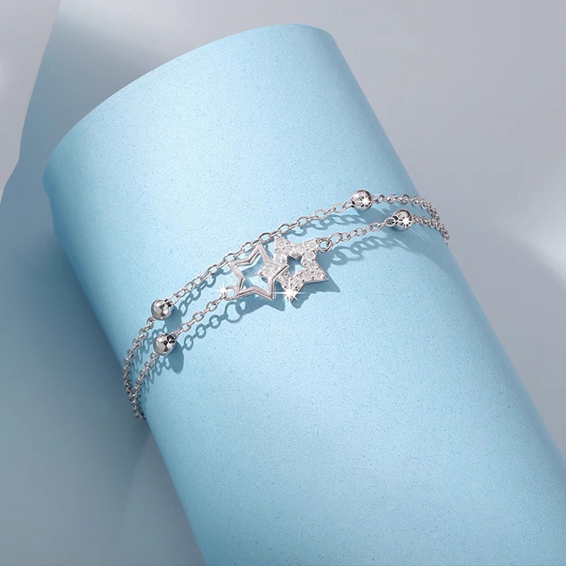 Vòng Tay Dây Xích Đôi Bằng Bạc 925 Đính Đá Zircon Hình Ngôi Sao Thời Trang Hàn Quốc