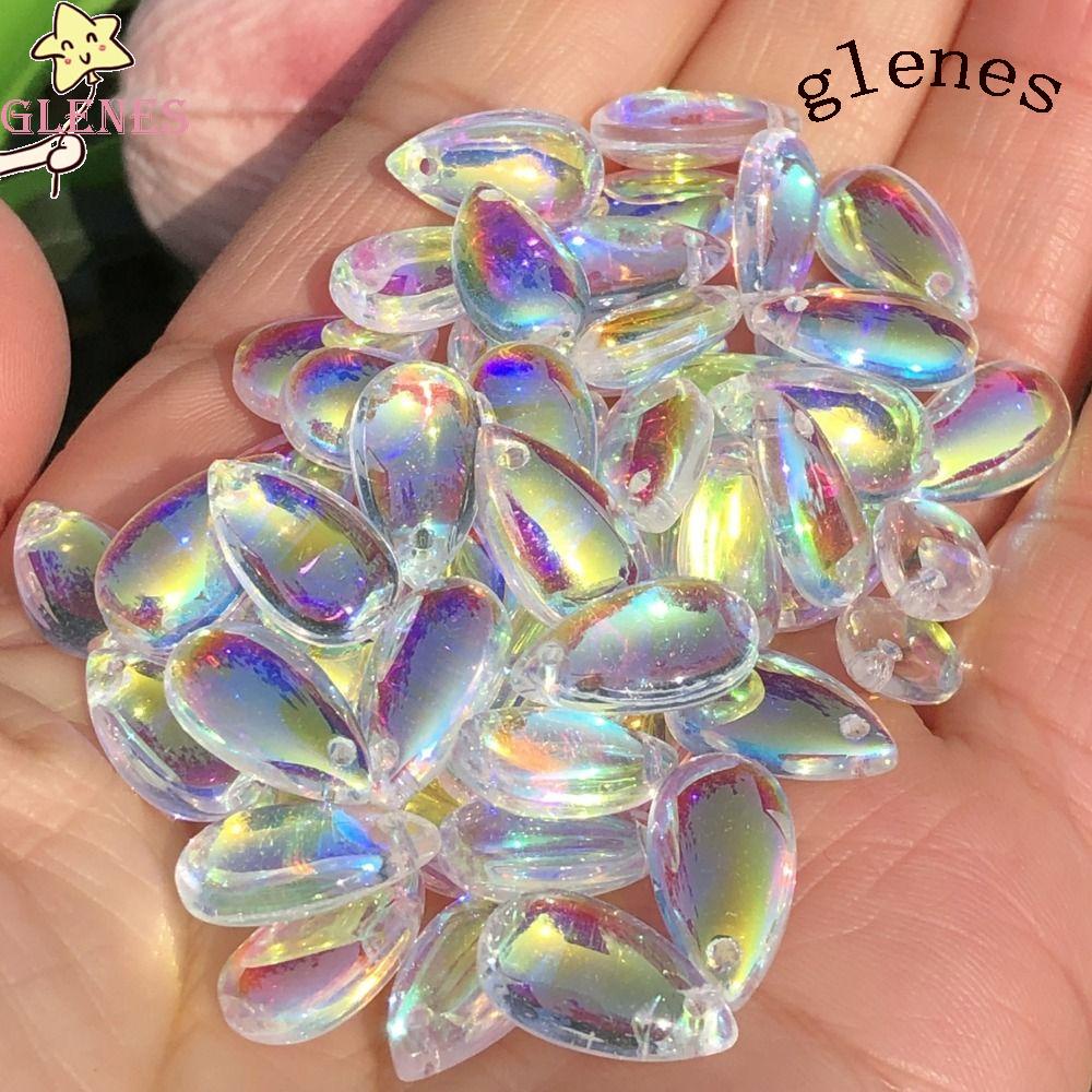 GLENES Set 100 Hạt Thủy Tinh Trong Suốt Hình Giọt Nước Đục Lỗ Nhiều Màu Sắc Làm Trang Sức DIY