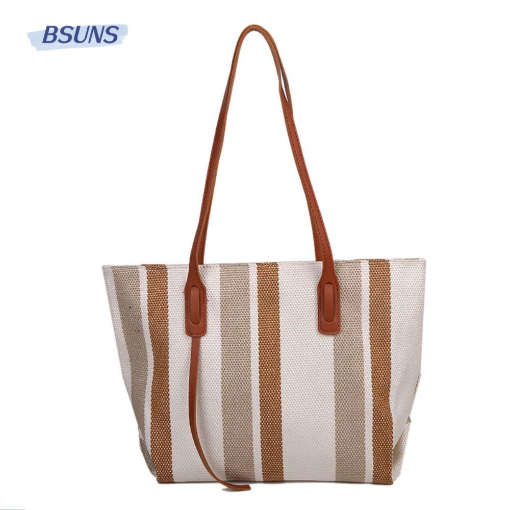 BSUNS Túi Tote Đeo Vai Vải Canvas Cỡ Lớn Họa Tiết Kẻ Sọc Đơn Giản Thời Trang Cho Nữ