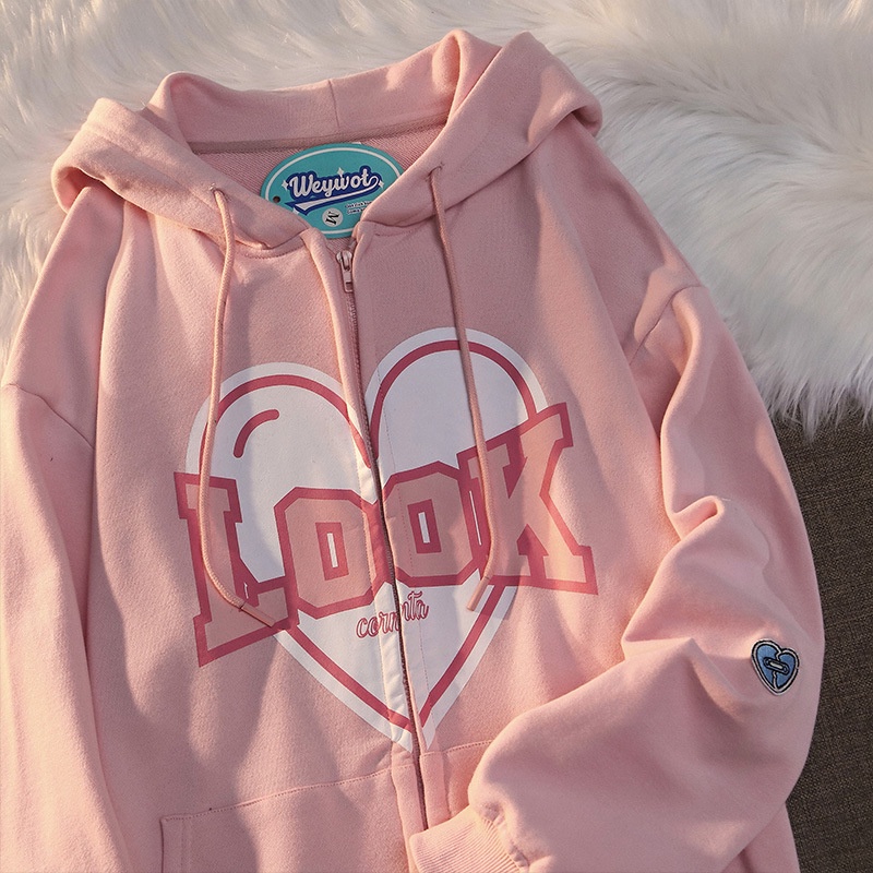 Áo len hiphop có mũ trùm đầu màu hồng áo khoác cardigan nữ mùa xuân và mùa thu