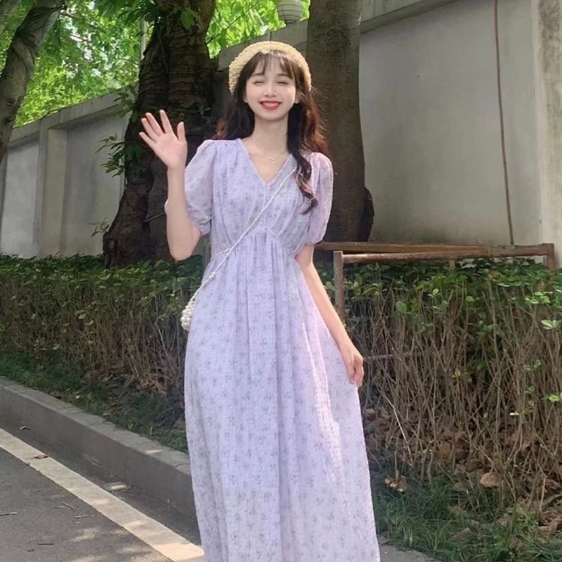 Đầm Hoa Cổ Chữ V Phong Cách Pháp Thời Trang Mới Cho Nữ