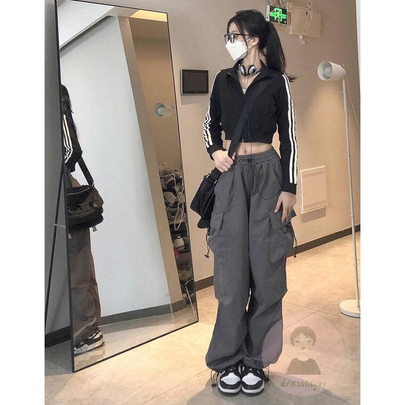 Quần ống rộng Lưng Thun Màu Trơn Phối Túi Cá Tính Cho Nữ