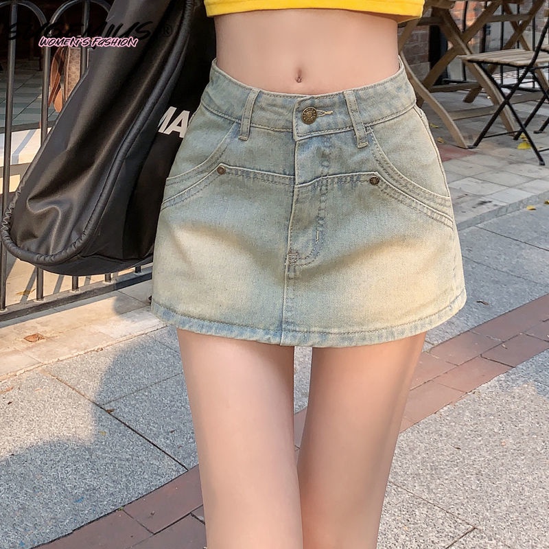 Chân Váy Denim Màu Sắc Tươi Sáng Phong Cách Retro Dành Cho Nữ