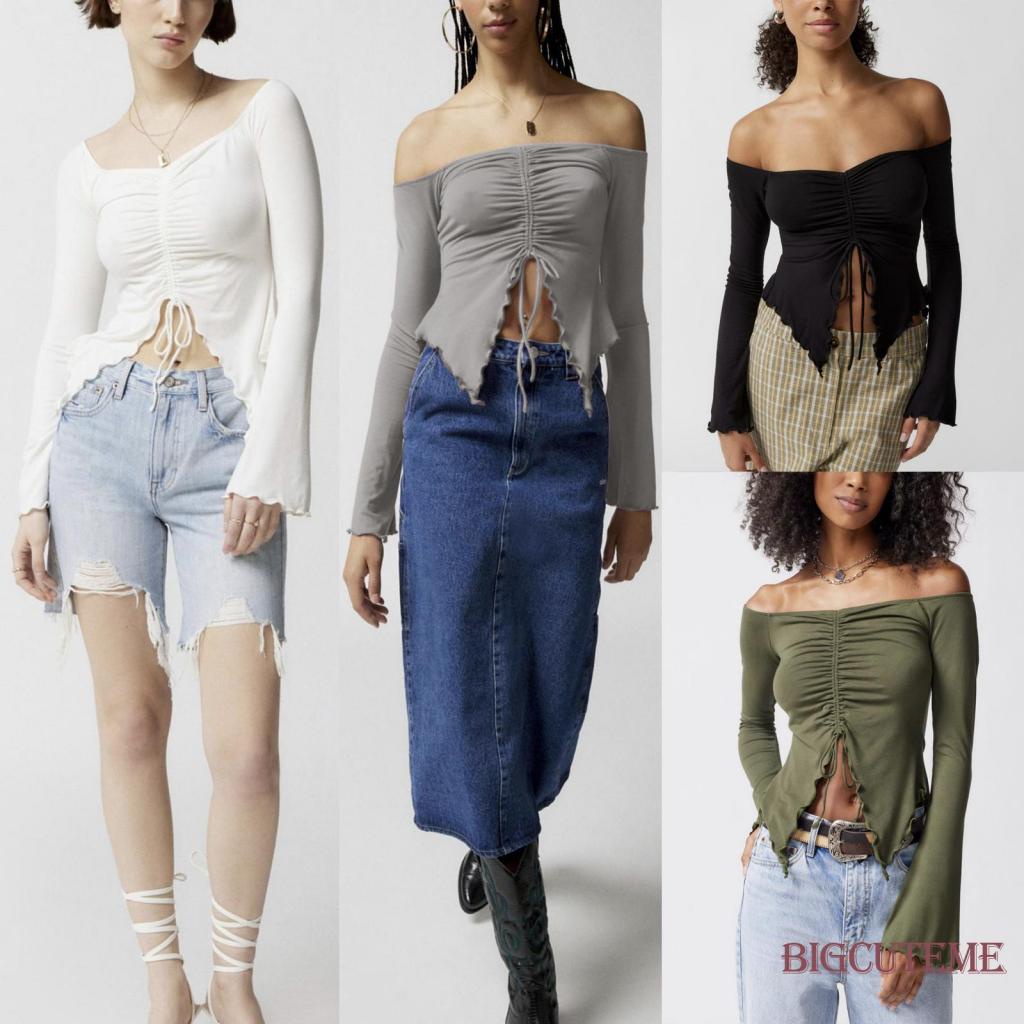 Áo Croptop Trễ Vai Tay Dài Màu Sắc Thời Trang Cho Nữ