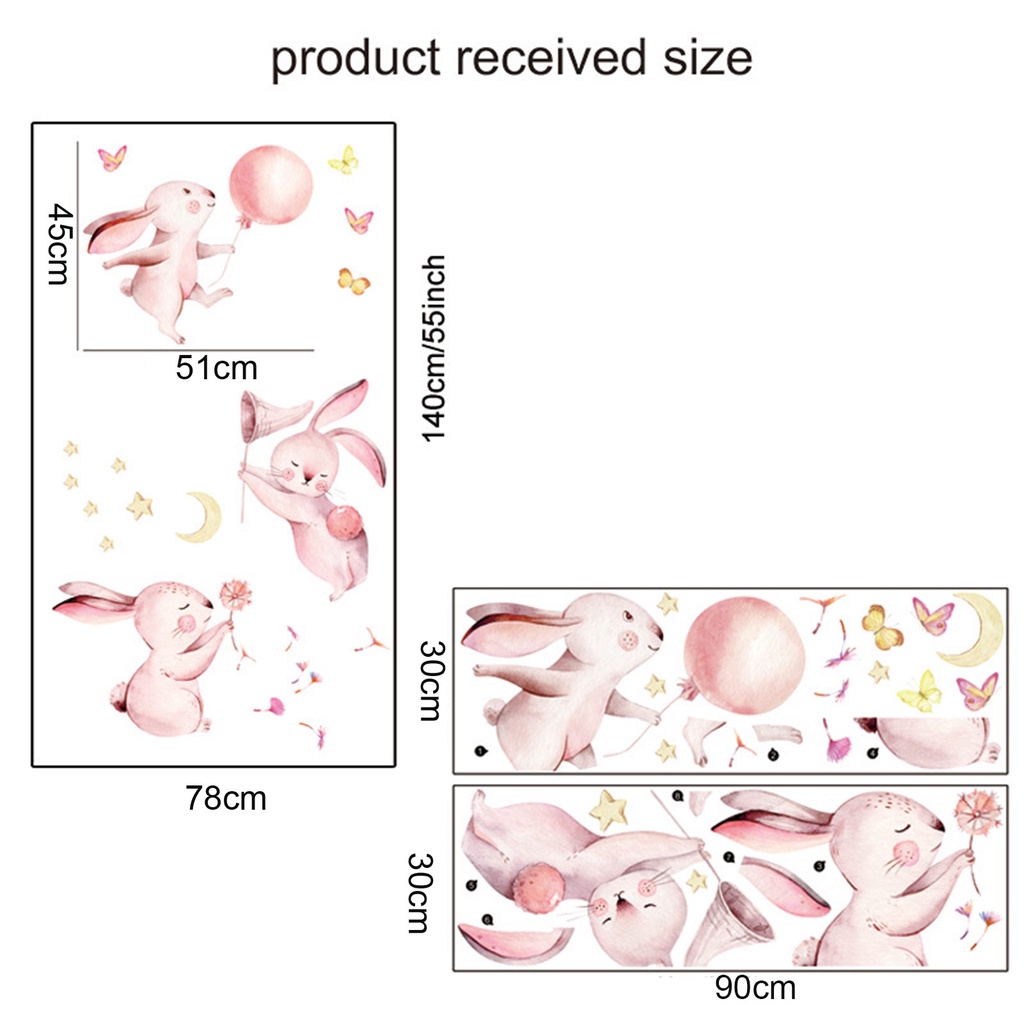 Bộ 2 Miếng Dán Tường Trang Trí Hình Thỏ Dễ Thương Bằng PVC Tự Dính Chống Nước 30x90cm