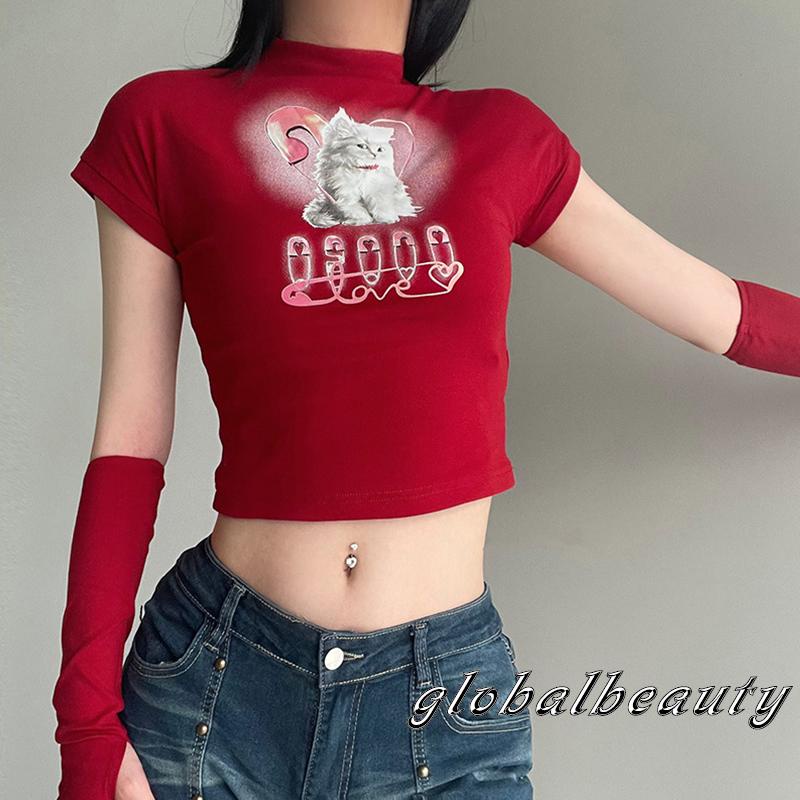 Áo Croptop Tay Ngắn In Họa Tiết Mèo Thời Trang Mùa Hè Cho Nữ