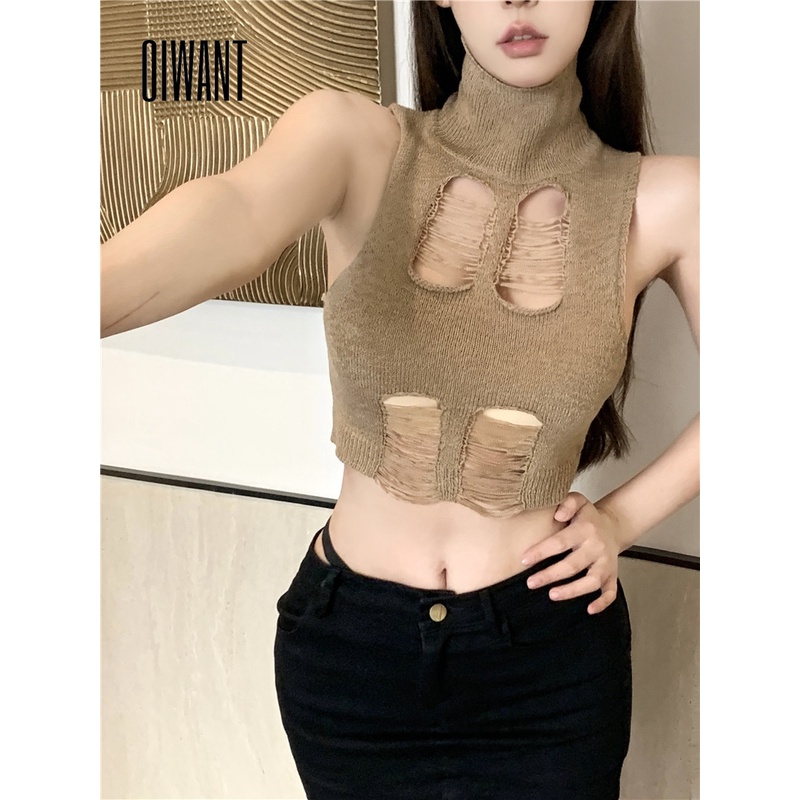 Áo Dệt Kim Sát Nách Dáng Ngắn Cổ Cao Màu Trơn Thời Trang 2023 Cho Nữ