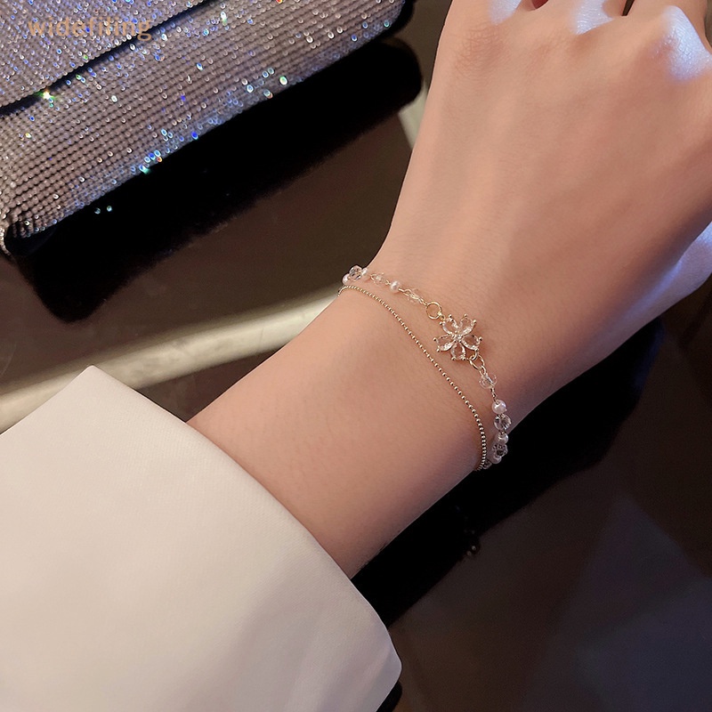 Vòng Tay Hai Lớp Đính Hoa Và Ngọc Trai Thanh Lịch Thời Trang Cho Nữ