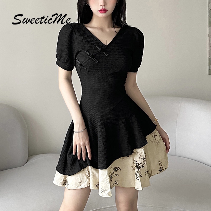 Đầm Tay Ngắn Cổ Chữ V Lưng Cao Thời Trang 2023 Quyến Rũ Cho Nữ