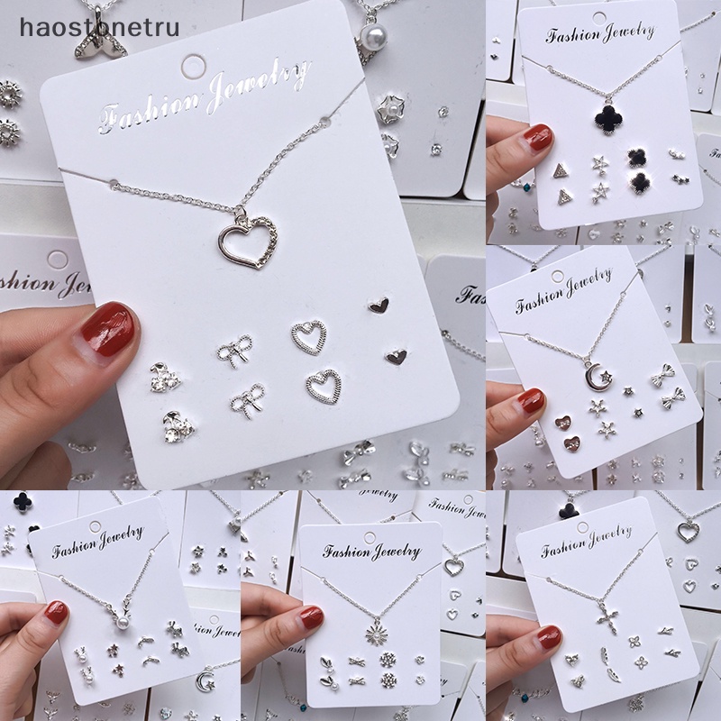 Bộ Vòng cổ + 4 Đôi Khuyên Tai Đính Đá Zircon Màu Bạc Đơn Giản Thời Trang Phong Cách Hàn Quốc