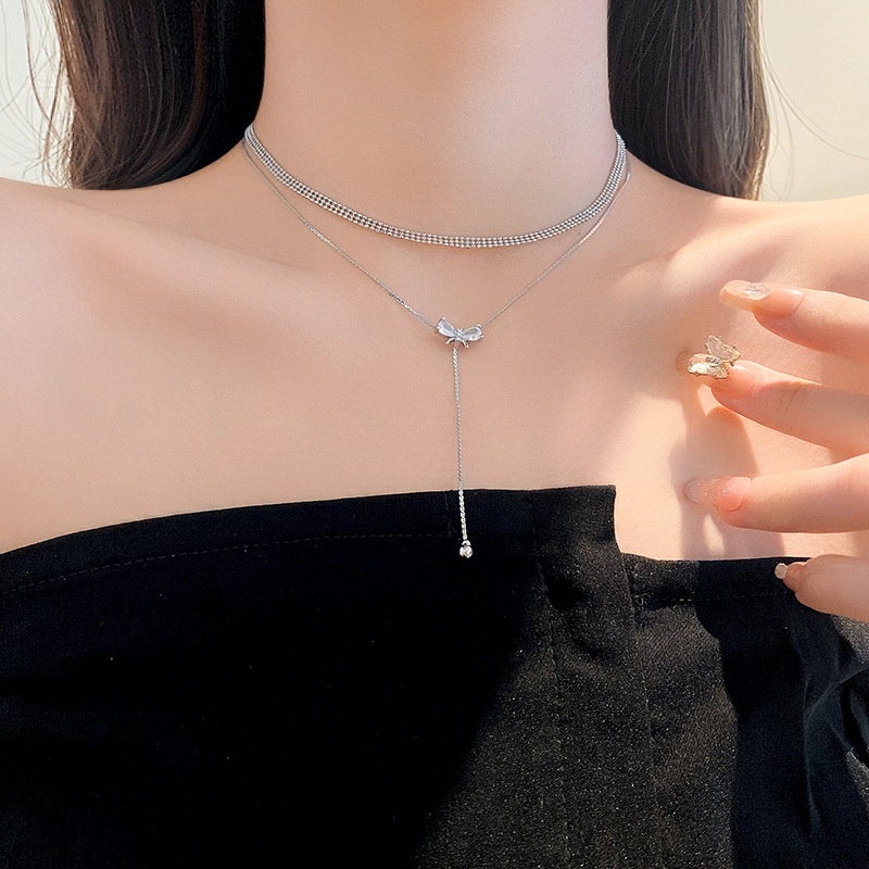 Vòng cổ Hai Lớp Thắt Nơ Tua Rua Phong Cách Hàn Quốc Kiểu Mới