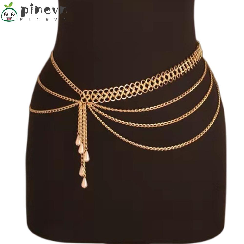 PINEVN Thắt Lưng Dây Xích Kim Loại Đính Đá Sang Trọng Cho Nữ