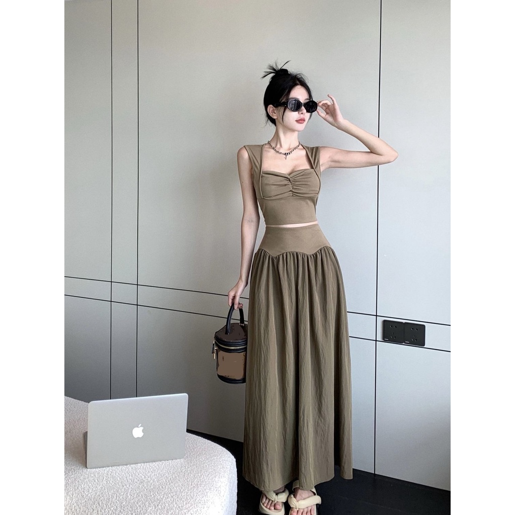 Set Áo Cổ Vuông Không Tay Màu Sắc Đơn Giản + Chân Váy Ôm Eo Thời Trang Nữ