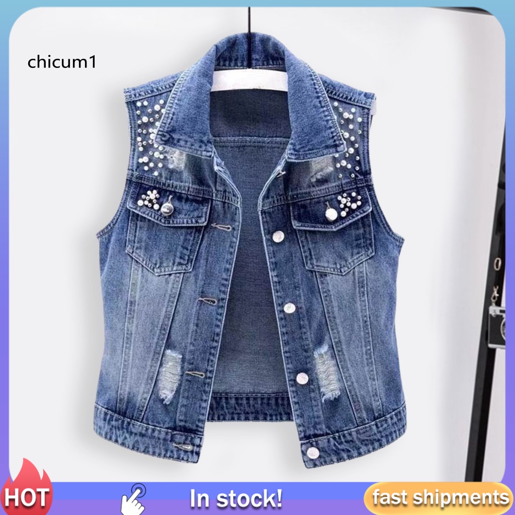 Áo Khoác Denim Không Tay Một Hàng Nút Màu Trơn Phối Lỗ Rách Đính Hạt Trang Trí Thời Trang Đường Phố Cho Nữ