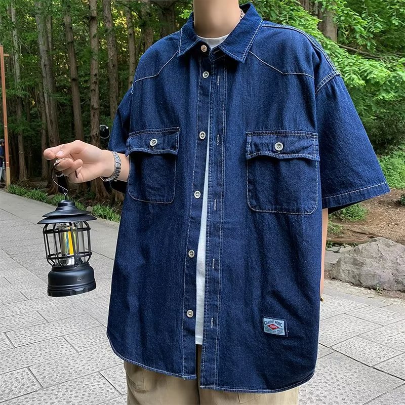 Áo Sơ Mi Denim Tay Ngắn Dáng Rộng Giả Nhiều Lớp Phong Cách Retro Nhật Bản Cho Nam Và Nữ