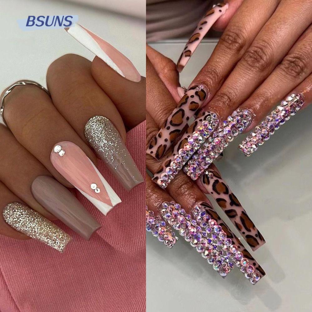 BSUNS Bộ 24 Móng Tay Giả Che Phủ Toàn Diện Đính Kim Cương Giả Dễ Tháo Rời DIY