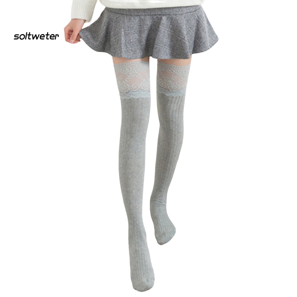1 Đôi Tất Dài Qua Gối Viền Ren Thêu Hoa Màu Sắc Trơn Co Giãn Thoải Mái Giữ Ấm Chống Nhăn Cho Nữ