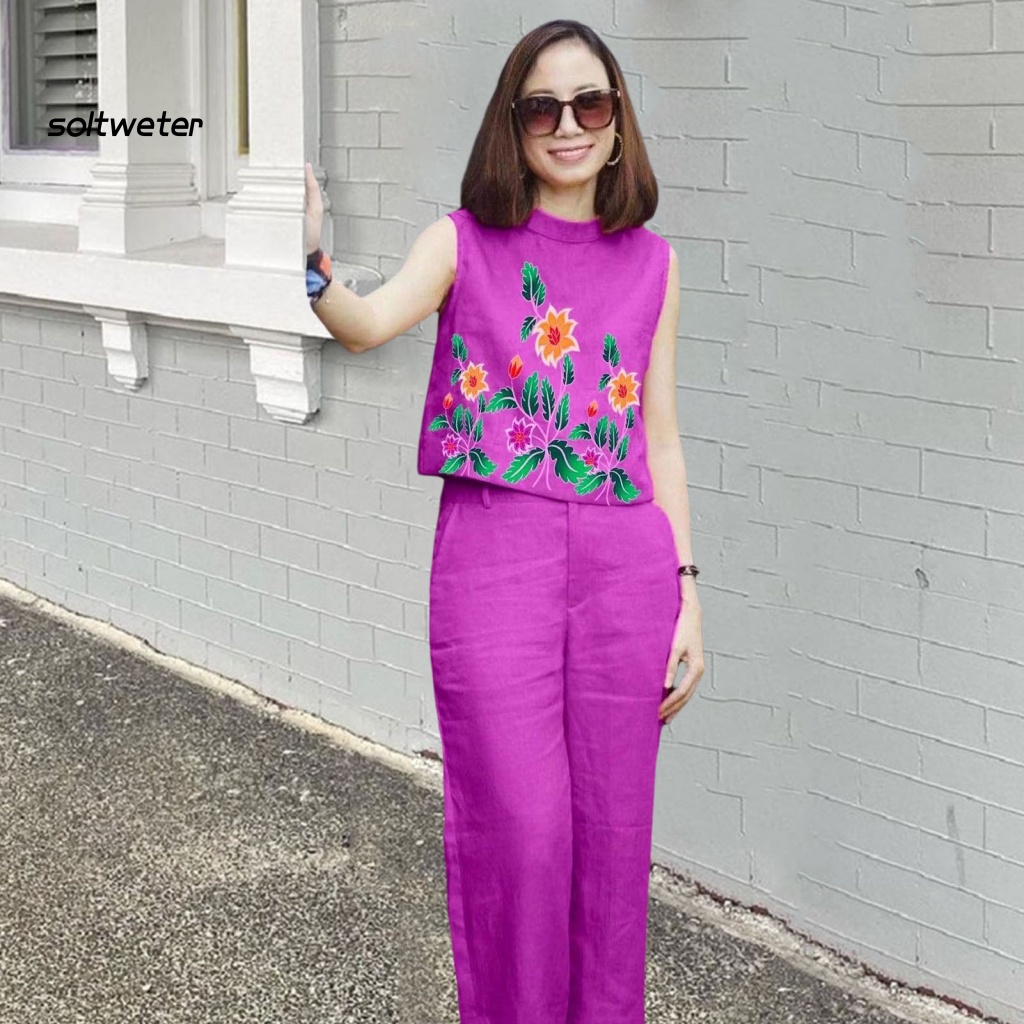 Bộ Trang Phục 2 Mảnh Gồm Áo Không Tay Cổ Tròn Và Quần Dài Lưng Thun In Họa Tiết Hoa Dáng Rộng Thời Trang Cho Nữ