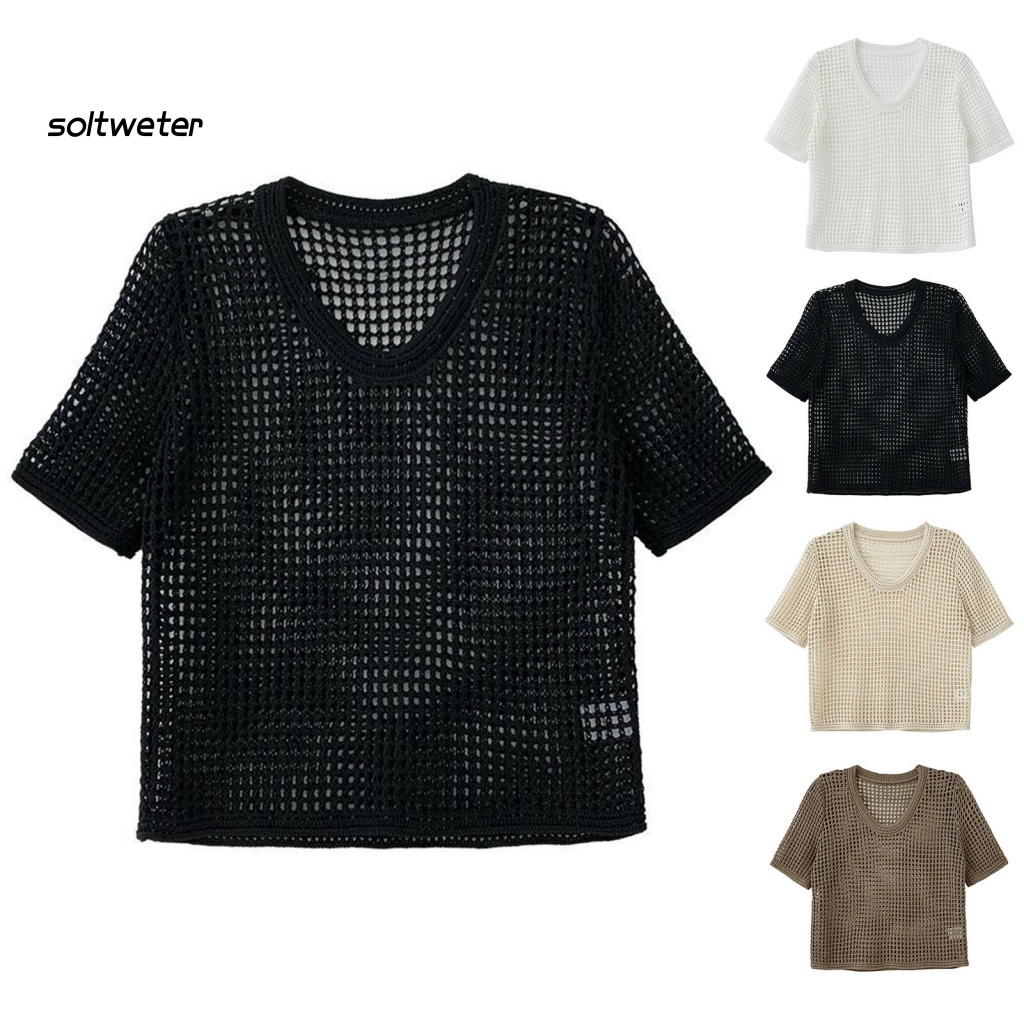 Áo Thun Dệt Kim Mỏng Tay Ngắn Cổ Tròn Màu Trơn Che Nắng Cho Nữ
